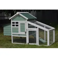 Green wooden chicken coop with white trim, wire-mesh run, sloped roof and side nesting box