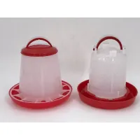Two translucent poultry feeders with red bases, lids, and carry handles shown side by side