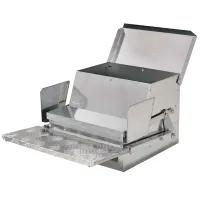 Galvanised metal chicken feeder with open lid, hopper, side panels and textured access pedal
