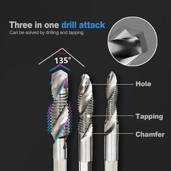 6X Hss Hex Shank Tap Drill Bits Metric Thread Screw Tapping Compound Set Tool image: 3