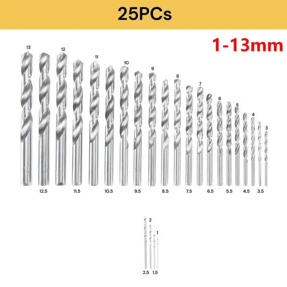 Drill Bits Set Metric Metal Twist High Speed HSS Steel Case 25pcs Coated Tool image: 3