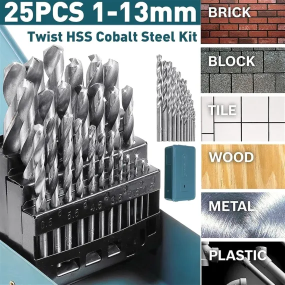 Drill Bits Set Metric Metal Twist High Speed HSS Steel Case 25pcs Coated Tool image: 4