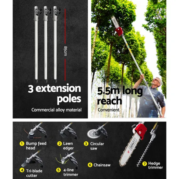 Giantz 52cc Pole Chainsaw 2 Stroke Petrol Tree Pruner Long Reach Saw 12 Inch Bar 7 In 1 image: 4