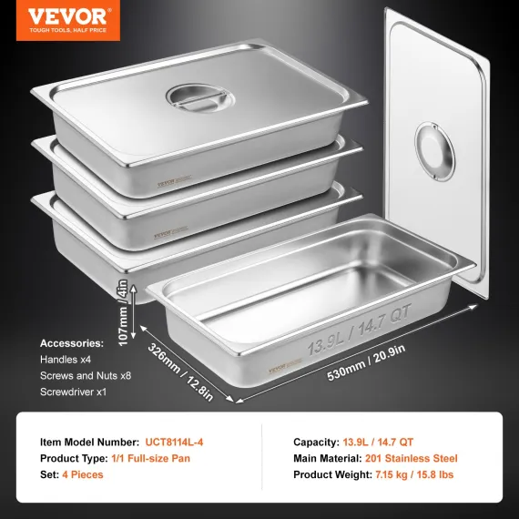 VEVOR 4 Pack Hotel Pans, Full Size Anti-Jam Steam Pan with Lid, 0.8mm Thick Stainless Steel Steam Table Pan, 4-Inch Deep Commercial Table Pan, Catering Storage Food Pan, for Industrial & Scientific image: 6