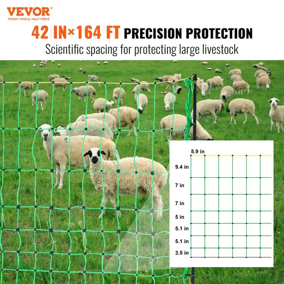 VEVOR Electric Fence Netting, 1.06 x 49.98 m, PE Net Fencing with Posts & Double-Spiked Stakes, Utility Portable Mesh for Goats, Sheep, Lambs, Deer, Hogs, Dogs, Used in Backyards, Farms, and Ranches image: 1