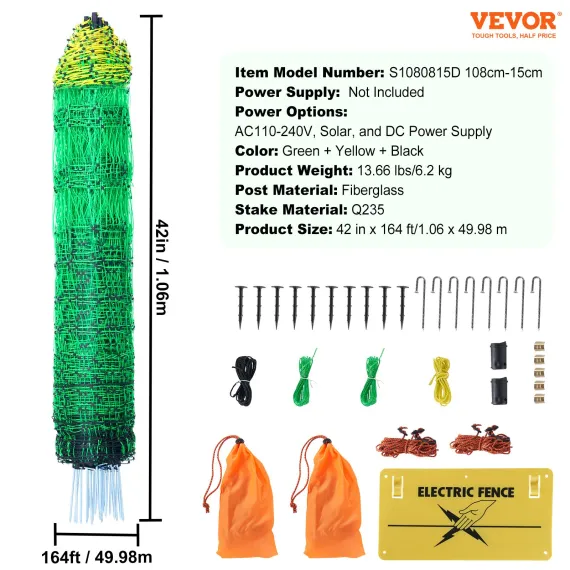 VEVOR Electric Fence Netting, 1.06 x 49.98 m, PE Net Fencing with Posts & Double-Spiked Stakes, Utility Portable Mesh for Goats, Sheep, Lambs, Deer, Hogs, Dogs, Used in Backyards, Farms, and Ranches image: 6
