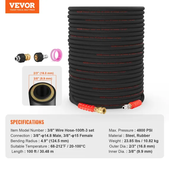 VEVOR Pressure Washer Hose, 100FT, Kink Free 3/8"-φ14.8 Male, 3/8"-φ15 Female For Most Brand Pressure Washers, 4.9'' Bending Radius, 4800 PSI Heavy Duty Power Washer Extension Replacement Hose image: 6