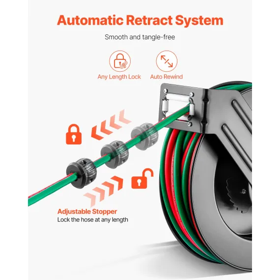 VEVOR Retractable Welding Hose Reel, 1/4-Inch x 50FT Twin Oxygen Acetylene Rubber Hose Max 300PSI - T Grade, Ceiling/Wall Mount Heavy Duty Steel Hose Reel Auto-Rewind, Ideal for Workshops Garages image: 2