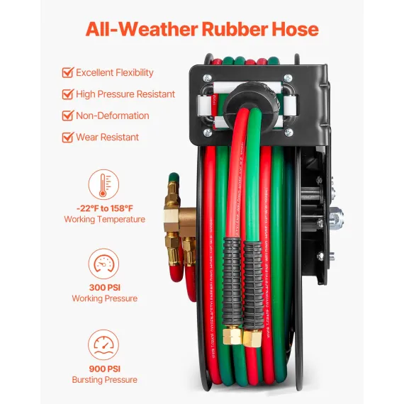 VEVOR Retractable Welding Hose Reel, 1/4-Inch x 50FT Twin Oxygen Acetylene Rubber Hose Max 300PSI - T Grade, Ceiling/Wall Mount Heavy Duty Steel Hose Reel Auto-Rewind, Ideal for Workshops Garages image: 3