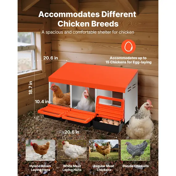 VEVOR Chicken Nest Box, 3-Compartment, 15 to 30 in Stable & Corrosion-Resistant Metal Nesting Boxes with Inclined Nesting Boxes, Bottom Holes & Resting Platform, Fit for Different Chicken Breeds image: 1
