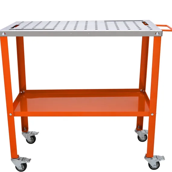 VEVOR 36" x 18" Welding Table, 1200lbs Load Capacity Steel Welding Workbench Table on Wheels, Portable Work Bench with Braking Lockable Casters, 4 Tool Slots, 5/8-inch Fixture Holes, Tool Tray image: 10