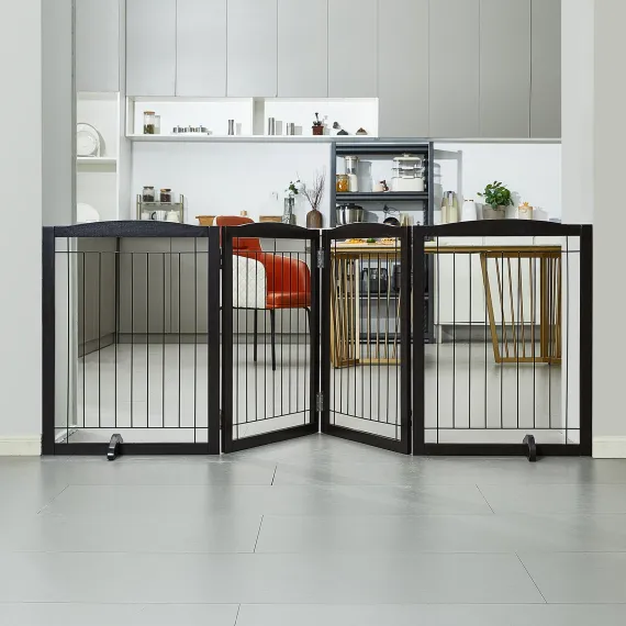 VEVOR Free Standing Dog Gate 32x96.5 inch Freestanding Pet Gate Foldable Brown image: 7