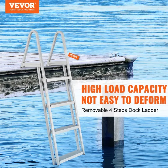 VEVOR Dock Ladder, Removable 4 Steps, 350 lbs Load Capacity, Aluminum Alloy Pontoon Boat Ladder with 4'' Wide Step & Nonslip Mat, Easy to Install for Ship/Lake/Pool/Marine Boarding image: 1