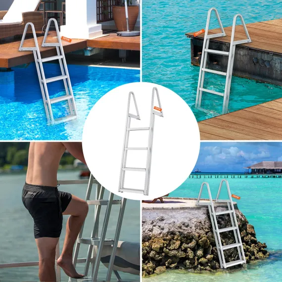 VEVOR Dock Ladder, Removable 4 Steps, 350 lbs Load Capacity, Aluminum Alloy Pontoon Boat Ladder with 4'' Wide Step & Nonslip Mat, Easy to Install for Ship/Lake/Pool/Marine Boarding image: 5