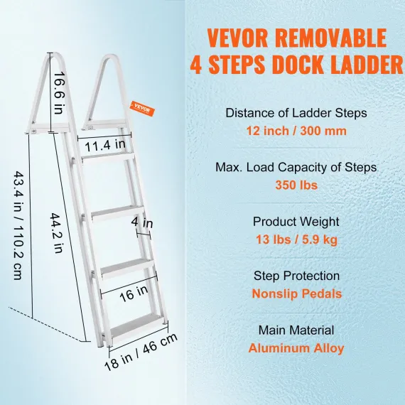 VEVOR Dock Ladder, Removable 4 Steps, 350 lbs Load Capacity, Aluminum Alloy Pontoon Boat Ladder with 4'' Wide Step & Nonslip Mat, Easy to Install for Ship/Lake/Pool/Marine Boarding image: 6