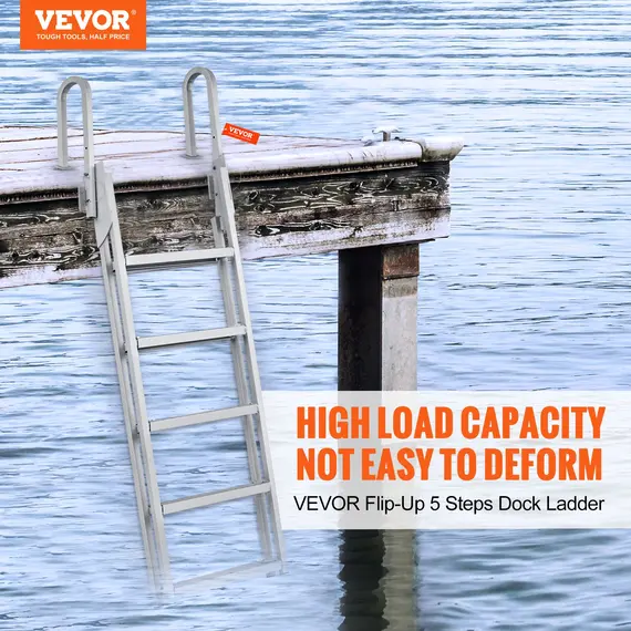 VEVOR Dock Ladder Flip Up 5 Steps, 350lbs Load Capacity, Aluminum Pontoon Boat Ladder with 4" Wide Step & Nonslip Rubber Mat,Swimm Step Ladder for Ship/Lake/Pool/Marine Boarding image: 1