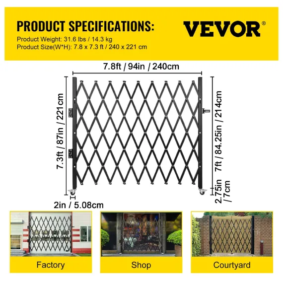 VEVOR Single Folding Security Gate, 85" H x 95" W Folding Door Gate, Steel Accordion Security Gate, Flexible Expanding Security Gate, Rolling Barricade Gate, Scissor Gate/Door with Padlock image: 6