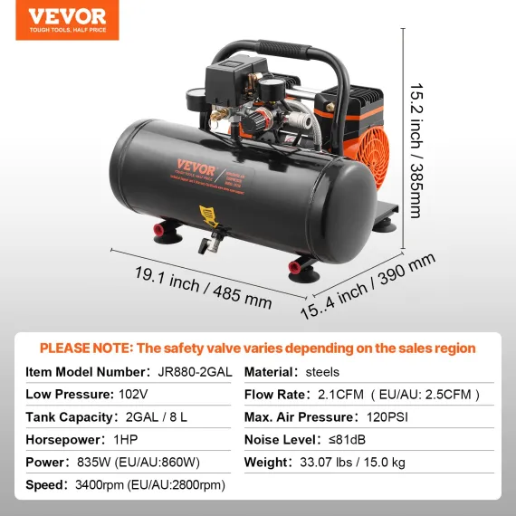 VEVOR Air Compressor Compact Portable Oil Free Compressor 8L 8bar image: 6
