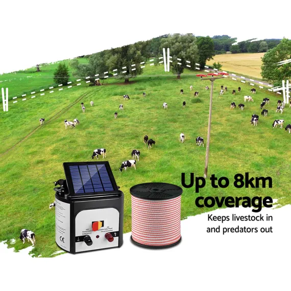 Giantz Fence Energiser 8KM Solar Powered Electric 400M Poly Tape Insulator image: 2