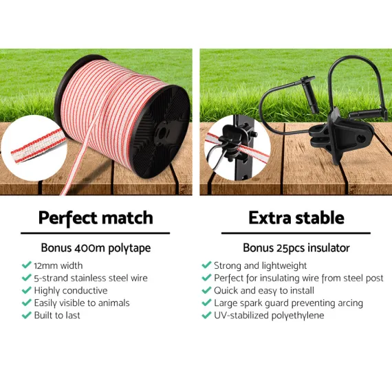 Giantz Fence Energiser 8KM Solar Powered Electric 400M Poly Tape Insulator image: 4
