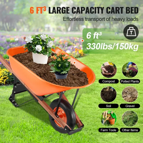 VEVOR Wheelbarrow Cart One Wheel 6 Cu Ft Garden Dump Cart 330 lbs Utility Cart image: 3