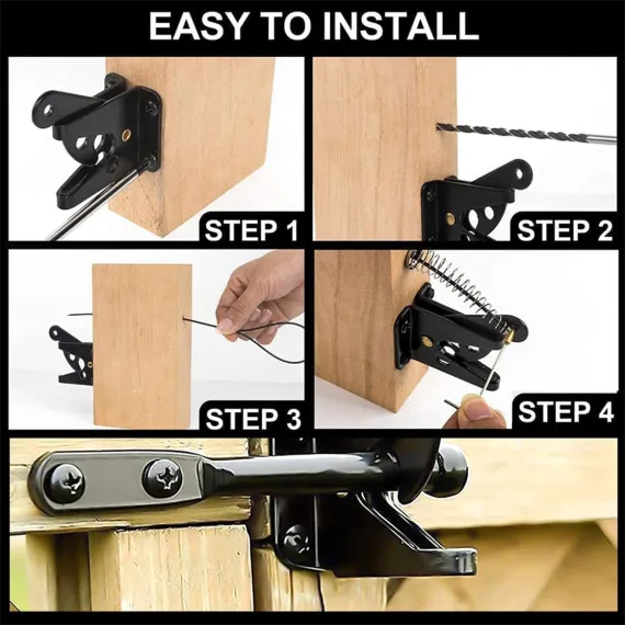 Gate Latch Self Locking Fence Gate Latch Automatic Gate Latch Door Latches with Pull Cable for Wooden Fence Gates Door, Black image: 2