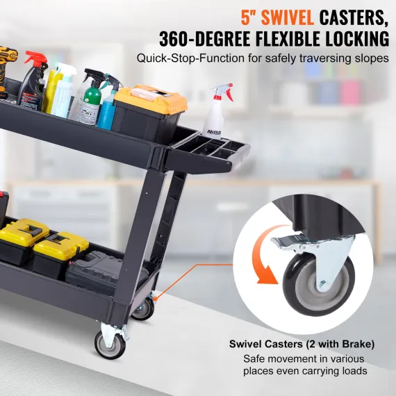 2-Shelf Utility Service Cart, 550 lb, Plastic, 360° Swivel Wheels, Large Lipped Shelf