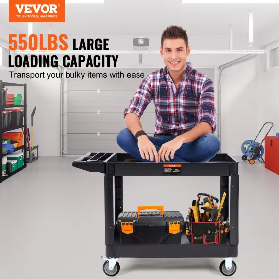2-Shelf Utility Service Cart, 550 lb, Plastic, 360° Swivel Wheels, Large Lipped Shelf