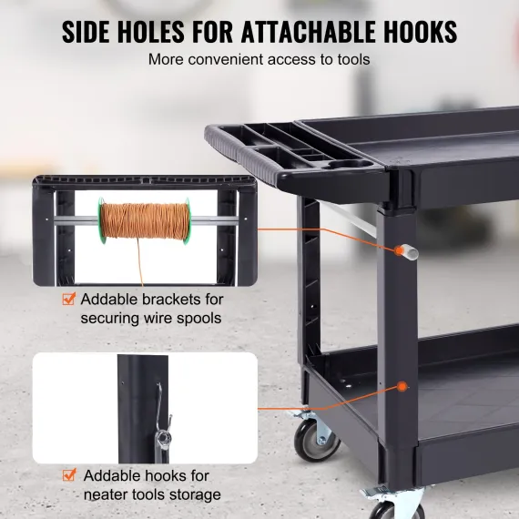 2-Shelf Utility Service Cart, 550 lb, Plastic, 360° Swivel Wheels, Large Lipped Shelf