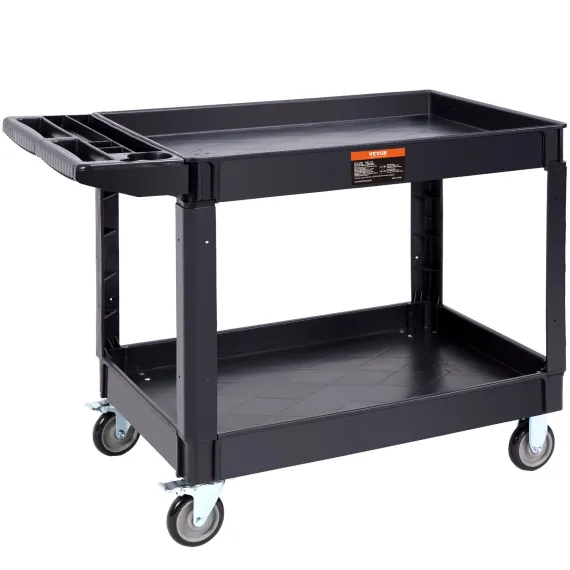 2-Shelf Utility Service Cart, 550 lb, Plastic, 360° Swivel Wheels, Large Lipped Shelf