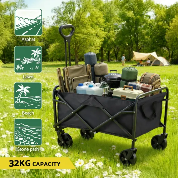 Gardeon Folding Garden Cart Trolley Black, 80kg, Oxford Cloth