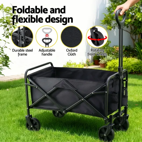 Gardeon Folding Garden Cart Trolley Black, 80kg, Oxford Cloth