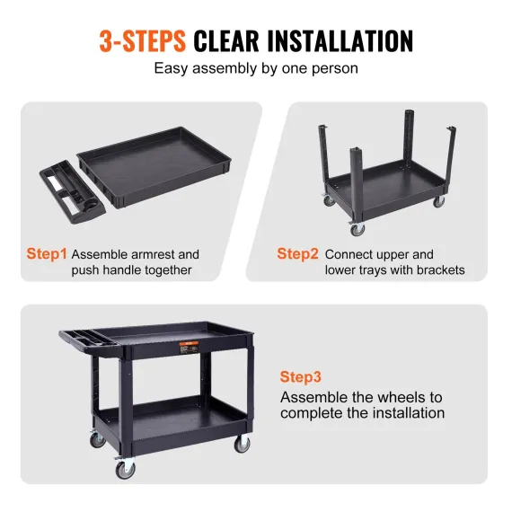 2-Shelf Utility Service Cart, 550 lb, Plastic, 360° Swivel Wheels, Large Lipped Shelf