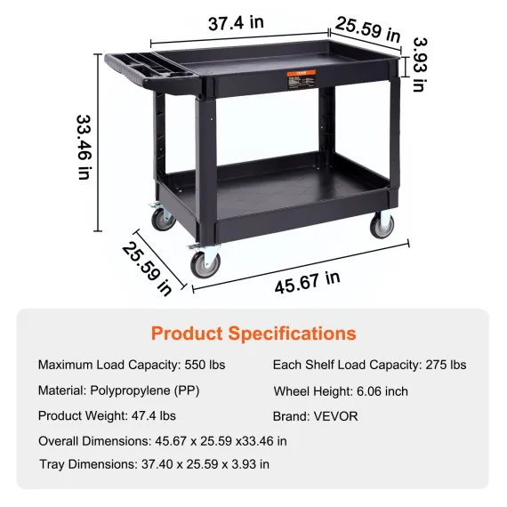 2-Shelf Utility Service Cart, 550 lb, Plastic, 360° Swivel Wheels, Large Lipped Shelf