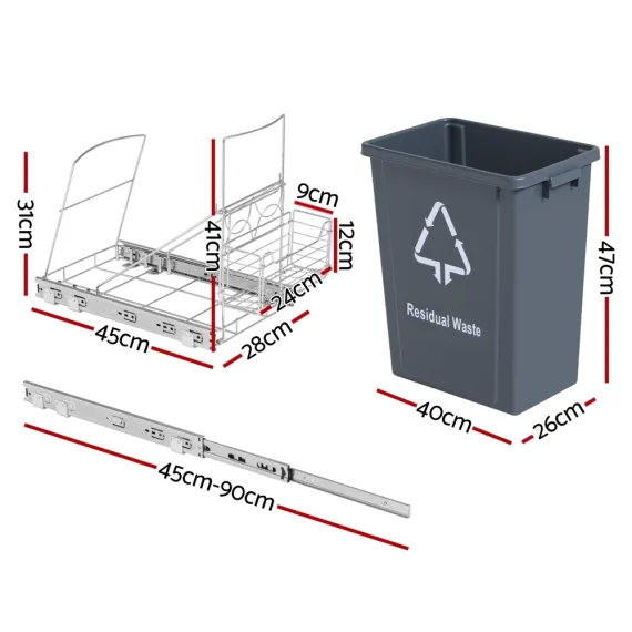 Cefito Pull Out Bin Kitchen Cabinet Slide Garbage Rubbish Bins Basket 40L Grey image: 1