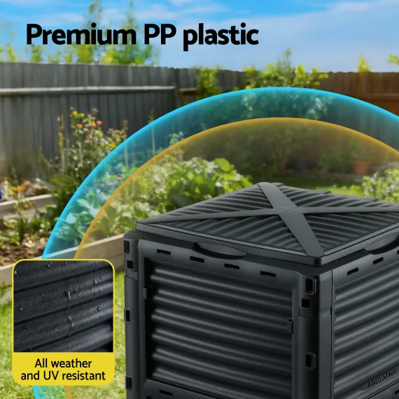 Gardeon 300L Heavy-Duty Black Outdoor Compost Bin with Top Lid & Bottom Door