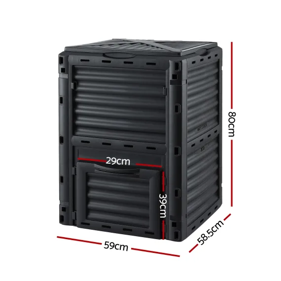Gardeon 300L Heavy-Duty Black Outdoor Compost Bin with Top Lid & Bottom Door