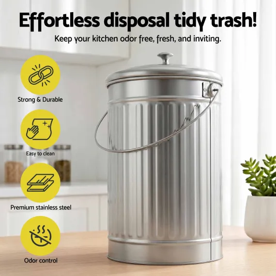 Gardeon 6L Compost Bin Kitchen Countertop Food Waste Caddy Silver