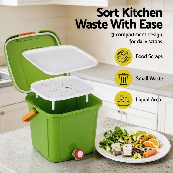 Gardeon 15L Kitchen Compost Bin Food Waste Caddy with Drain Tap Green
