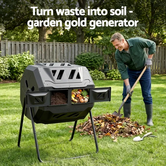 Gardeon Dual-Chamber Compost Bin 160L Rotating Tumbler Black