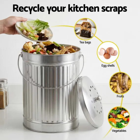 Gardeon 6L Compost Bin Kitchen Countertop Food Waste Caddy Silver