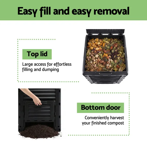 Gardeon 300L Heavy-Duty Black Outdoor Compost Bin with Top Lid & Bottom Door