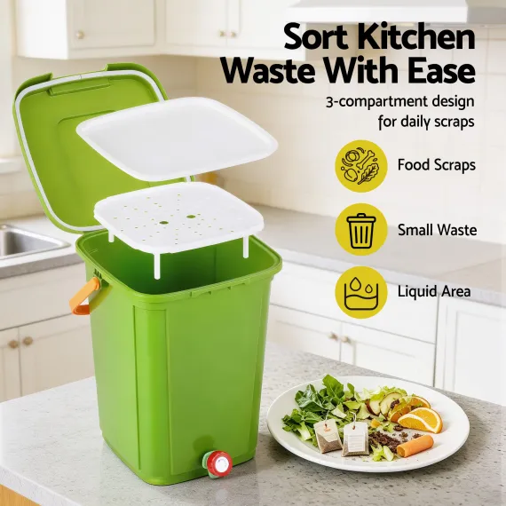 Gardeon 20L Kitchen Compost Bin Food Waste Caddy with Drain Tap, Green