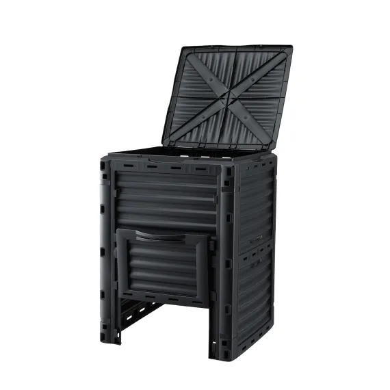 Gardeon 300L Heavy-Duty Black Outdoor Compost Bin with Top Lid & Bottom Door