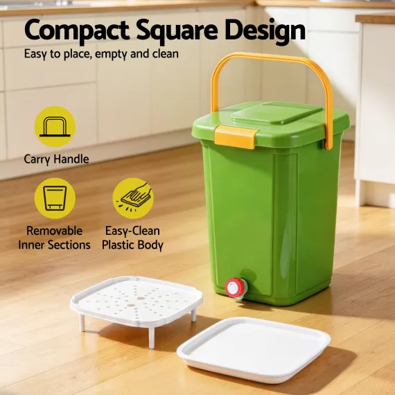 Gardeon 20L Kitchen Compost Bin Food Waste Caddy with Drain Tap, Green
