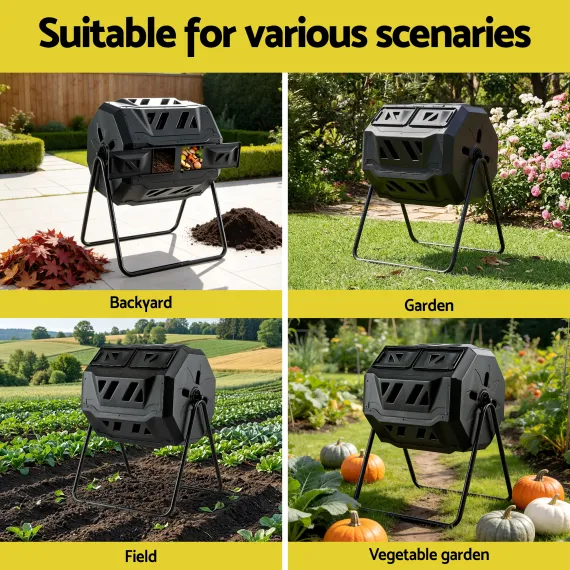 Gardeon Dual-Chamber Compost Bin 160L Rotating Tumbler Black