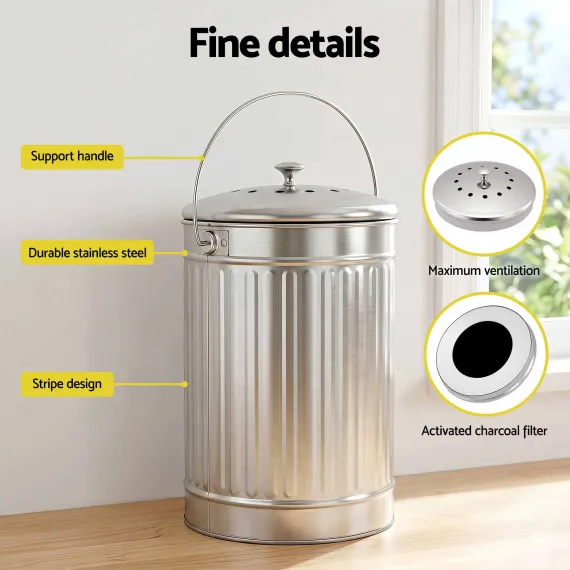 Gardeon 6L Compost Bin Kitchen Countertop Food Waste Caddy Silver