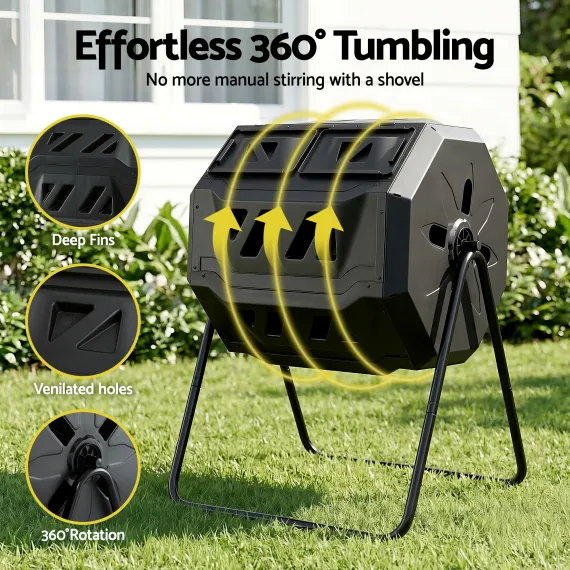 Gardeon Dual-Chamber Compost Bin 160L Rotating Tumbler Black