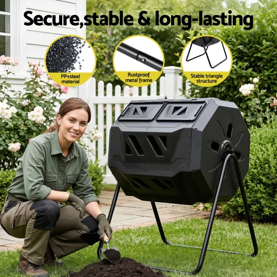 Gardeon Dual-Chamber Compost Bin 160L Rotating Tumbler Black