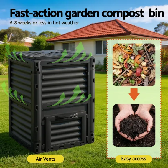 Gardeon 300L Heavy-Duty Black Outdoor Compost Bin with Top Lid & Bottom Door
